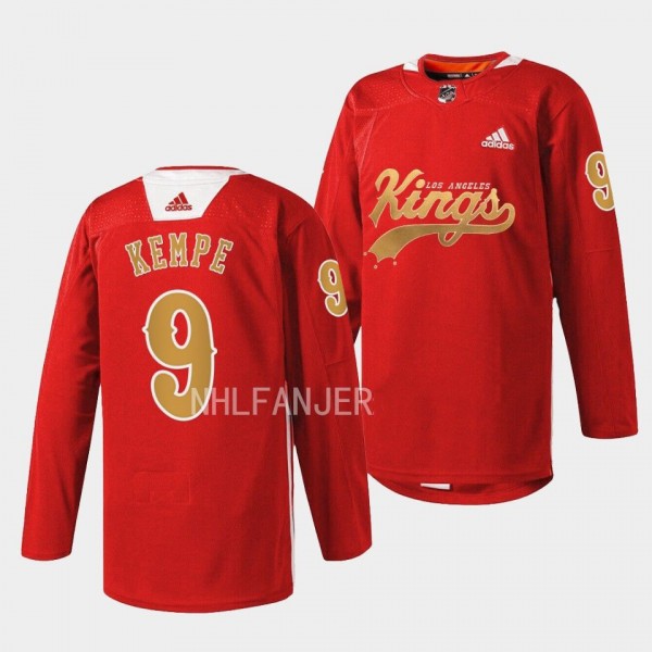 Los Angeles Kings 2022 Cherry LA Adrian Kempe #9 Red Jersey Warm Up