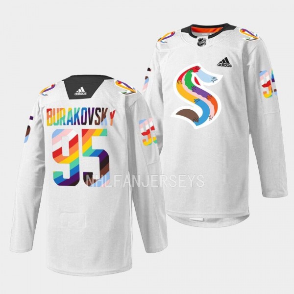 Seattle Kraken 2023 LGBTQ Pride Night Andre Burakovsky #95 White Jersey warmup