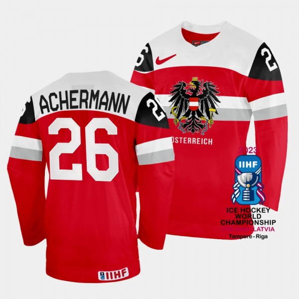 Oliver Achermann 2023 IIHF World Championship Australia #26 Red Away Jersey Men