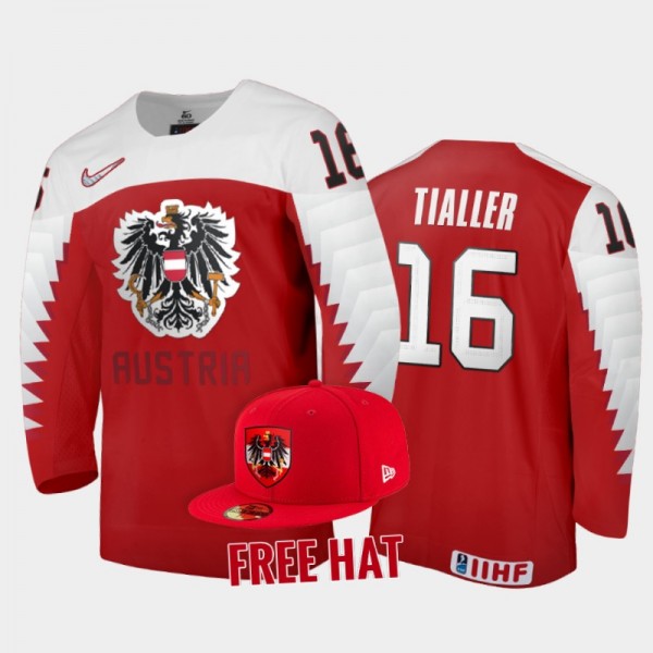 Austria Hockey Christoph Tialler 2022 IIHF World Junior Championship Red #16 Jersey Free Hat