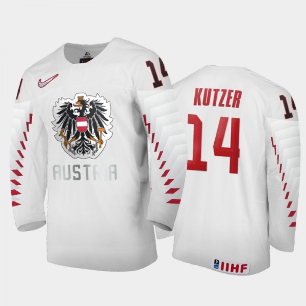 Men Austria Team 2021 IIHF World Junior Championship Jonas Kutzer #14 Home White Jersey