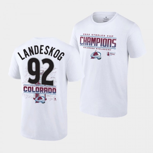 Gabriel Landeskog Colorado Avalanche 2022 Stanley Cup Champions White Signature Roster T-Shirt #92