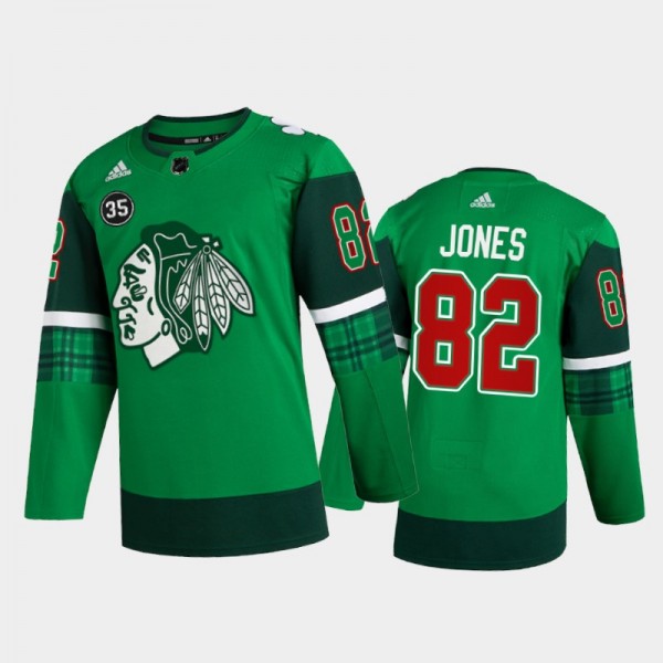 Caleb Jones Chicago Blackhawks St. Patricks Day Jersey Green #82 Warm-Up