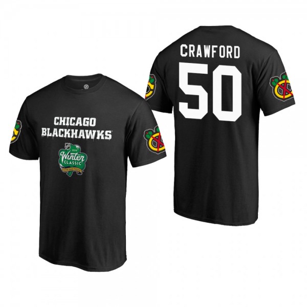Men's Chicago Blackhawks Corey Crawford #50 2019 Winter Classic Black Name and Number Team Logo Bad T-Shirt
