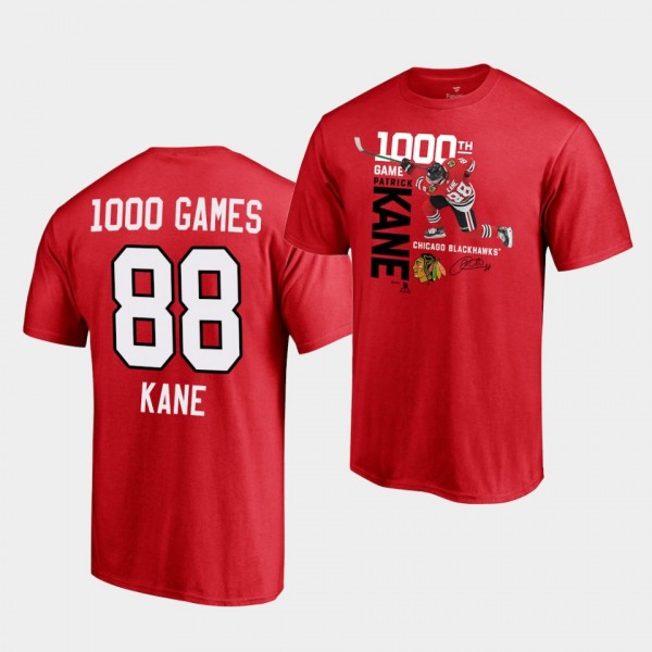Patrick Kane #88 Blackhawks 1000th Game T-Shirt Red