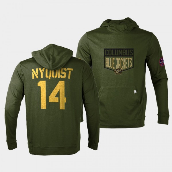 Columbus Blue Jackets Gustav Nyquist 2022 Salute to Service Olive Levelwear Hoodie Pullover