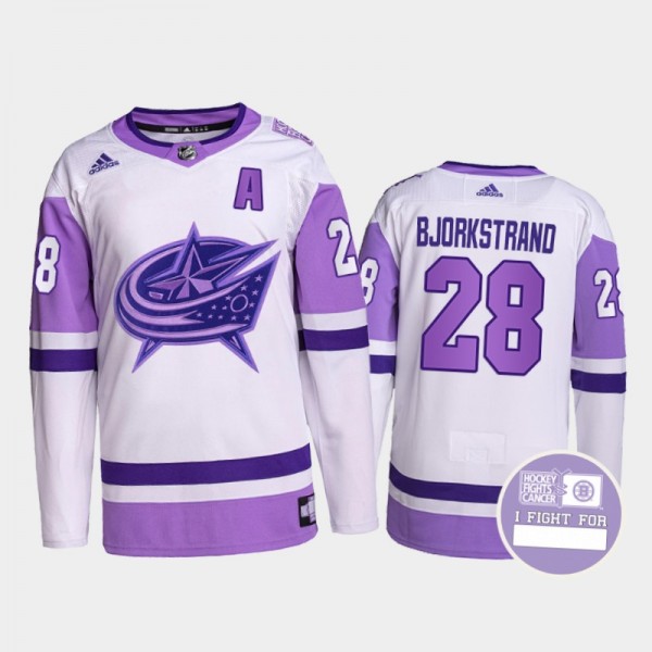 Oliver Bjorkstrand Columbus Blue Jackets Hockey Fights Cancer Jersey Purple White #28 Authentic Pro