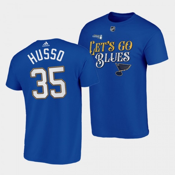 St. Louis Blues Ville Husso 2022 Stanley Cup Playoffs Lets Go Blue #35 T-Shirt