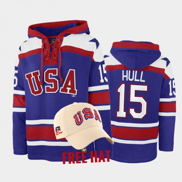 Brett Hull USA Hockey Miracle On Ice Blue Free Hat Hoodie #15