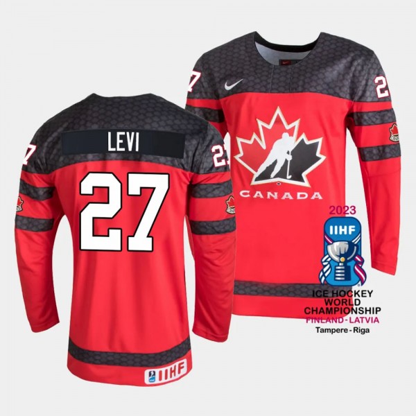 Canada #27 Devon Levi 2023 IIHF World Championship Away Jersey Red
