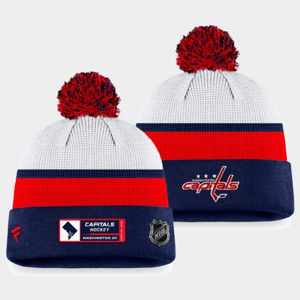 Authentic Pro Draft Washington Capitals White Navy Cuffed with Pom Knit Hat