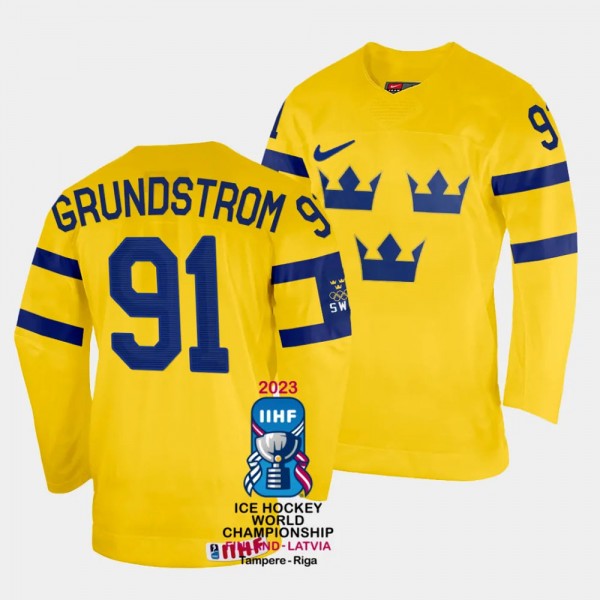 Sweden 2023 IIHF World Championship Carl Grundstrom #91 Yellow Jersey Home