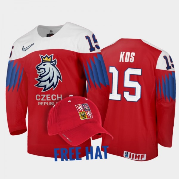Czechia Hockey Jakub Kos 2022 IIHF World Junior Championship Red #15 Jersey Free Hat