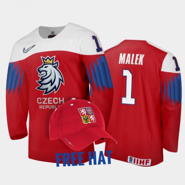 Czechia Hockey Jakub Malek 2022 IIHF World Junior Championship Red #1 Jersey Free Hat