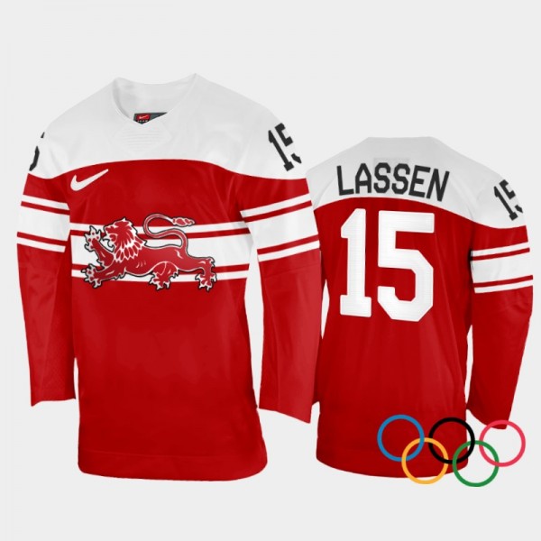 Denmark Hockey Matias Lassen 2022 Winter Olympics Red #15 Jersey Away