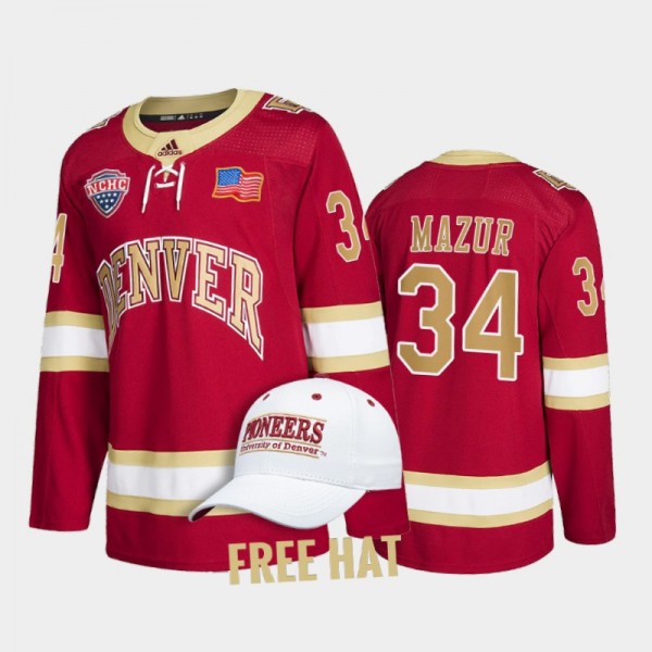 Carter Mazur #34 Denver Pioneers 2022 College Hockey Crimson Jersey