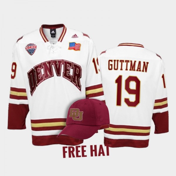 Denver Pioneers Cole Guttman #19 College Hockey White Free Hat Jersey 2022