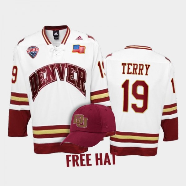 Denver Pioneers Troy Terry #19 College Hockey White Free Hat Jersey