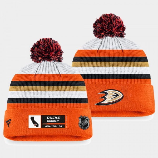 Authentic Pro Draft Anaheim Ducks White Orange Cuffed with Pom Knit Hat