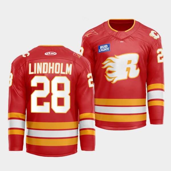 Flames X Rush X CGY Wranglers Elias Lindholm Calgary Flames Warmup #28 Red Jersey
