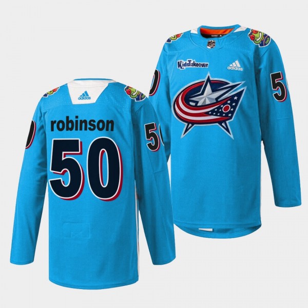 Columbus Blue Jackets Eric Robinson Kids Takeover #50 Blue Jersey Warmup