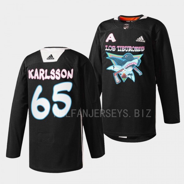 San Jose Sharks 2022 Los Tiburones Erik Karlsson #65 Black Specialty Warm-Up Jersey Men's