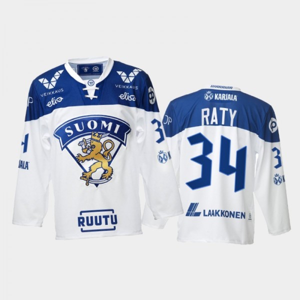 Finland Team Aatu Raty 2021-22 Home White Hockey J...