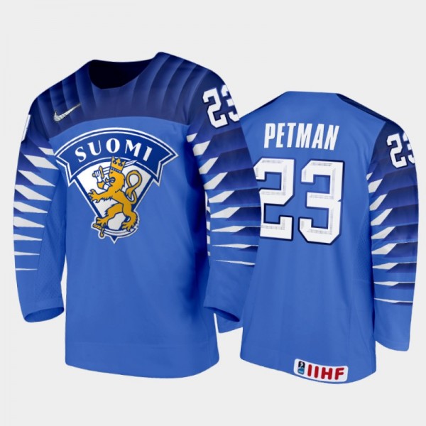 Men Finland Team 2021 IIHF World Junior Championship Mikko Petman #23 Away Blue Jersey