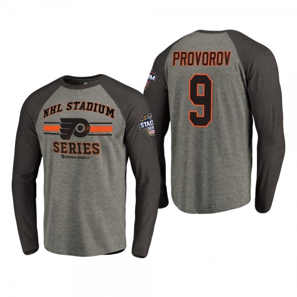 Philadelphia Flyers Ivan Provorov #9 2019 NHL Stadium Series Coors Light Vintage Raglan gray T-Shirt