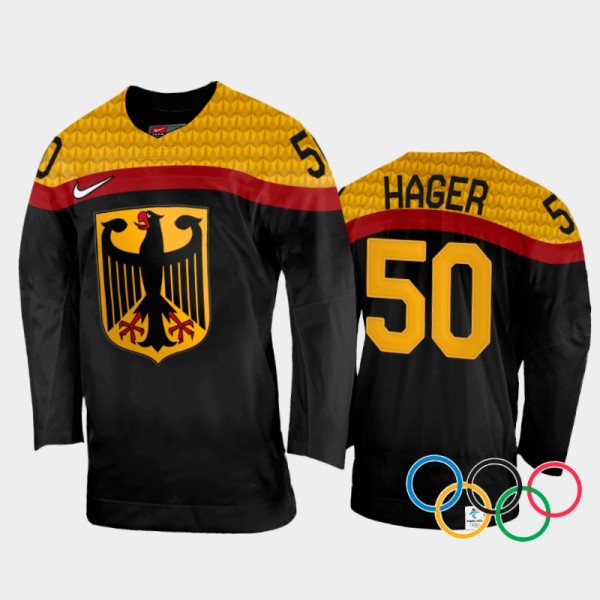Patrick Hager Germany Hockey Black Away Jersey 202...