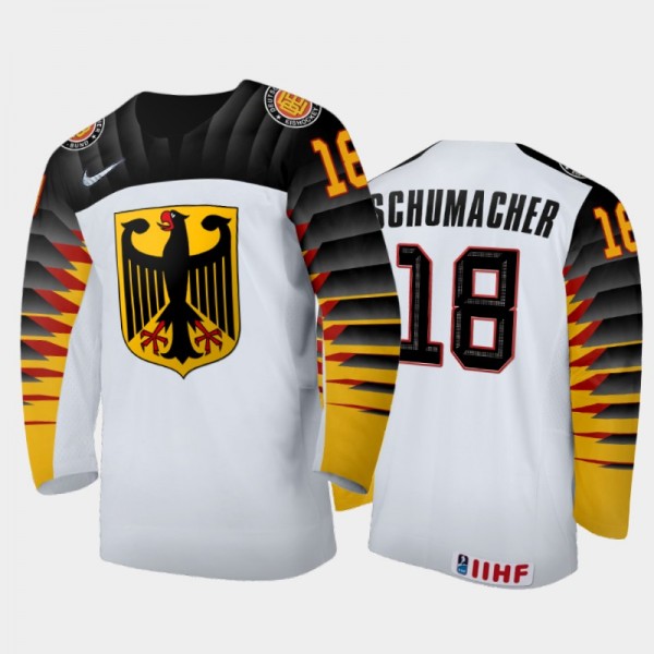 Men Germany 2021 IIHF World Junior Championship Jan-Luca Schumacher #18 Away White Jersey