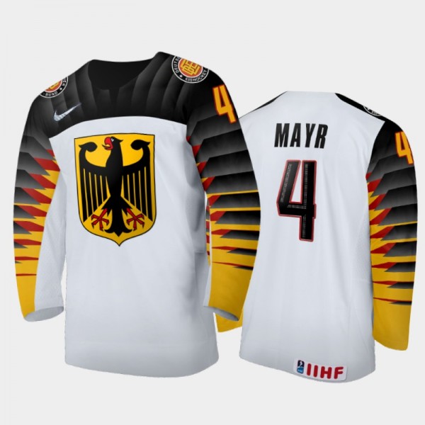 Men's Germany 2021 IIHF U18 World Championship Sandro Mayr #4 Home White Jersey