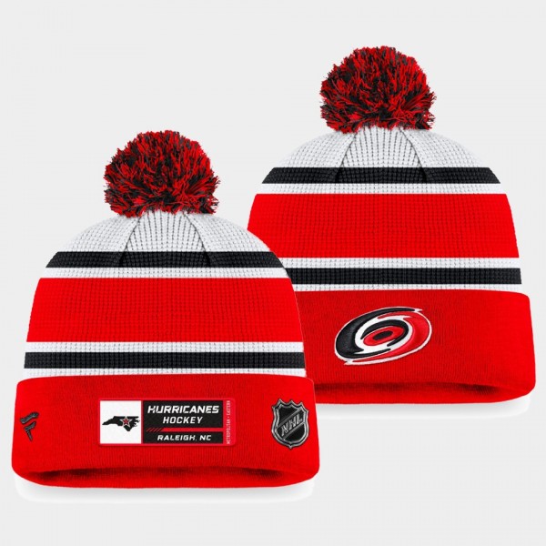 Authentic Pro Draft Carolina Hurricanes White Red Cuffed with Pom Knit Hat