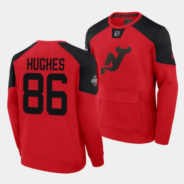 New Jersey Devils Jack Hughes 2024 NHL Stadium Series #86 Red Authentic Pro Sweatshirt