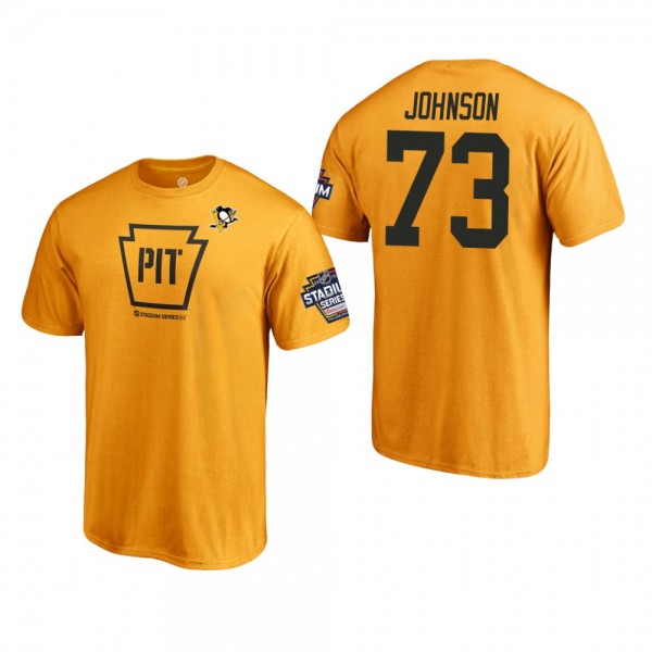 Men's Pittsburgh Penguins Jack Johnson #73 2019 NHL Stadium Series Gold Name and Number Cheap T-Shirt