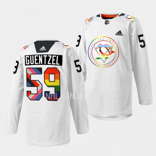 Pittsburgh Penguins 2022 Pride warmup Jake Guentzel #59 White Jersey Rainbow