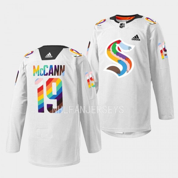 Seattle Kraken 2023 LGBTQ Pride Night Jared McCann #19 White Jersey warmup
