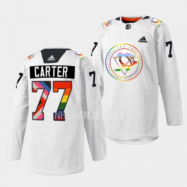 Pittsburgh Penguins 2022 Pride warmup Jeff Carter #77 White Jersey Rainbow