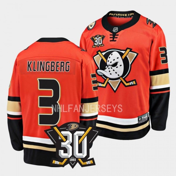 Anaheim Ducks John Klingberg 2023-24 30th Anniversary Orange Home Jersey Men's