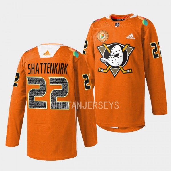 Orangewood Kevin Shattenkirk Anaheim Ducks Orange #22 Warmup Jersey 2023