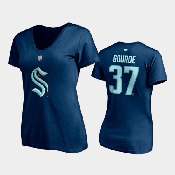Seattle Kraken #37 Yanni Gourde 2021-22 Authentic Stack Women T-Shirt Blue