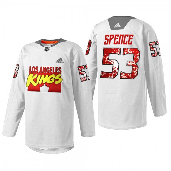 Jordan Spence LA Kings Marvel Super Hero Night White Jersey Special Warmup
