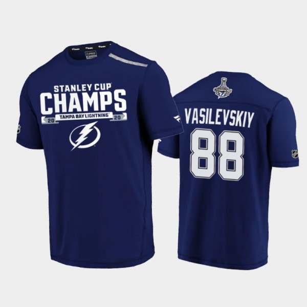 Men's Tampa Bay Lightning Andrei Vasilevskiy #88 2020 Stanley Cup Champions Blue Trophy Logo T-Shirt