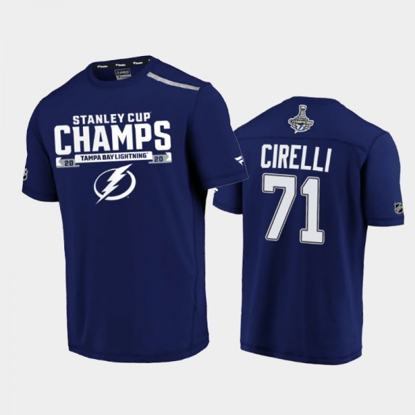 Men's Tampa Bay Lightning Anthony Cirelli #71 2020 Stanley Cup Champions Blue Trophy Logo T-Shirt