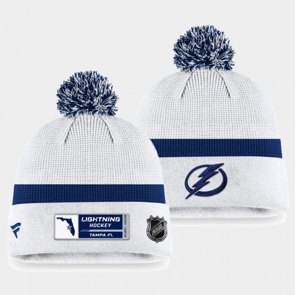 Authentic Pro Draft Tampa Bay Lightning White Blue Cuffed with Pom Knit Hat