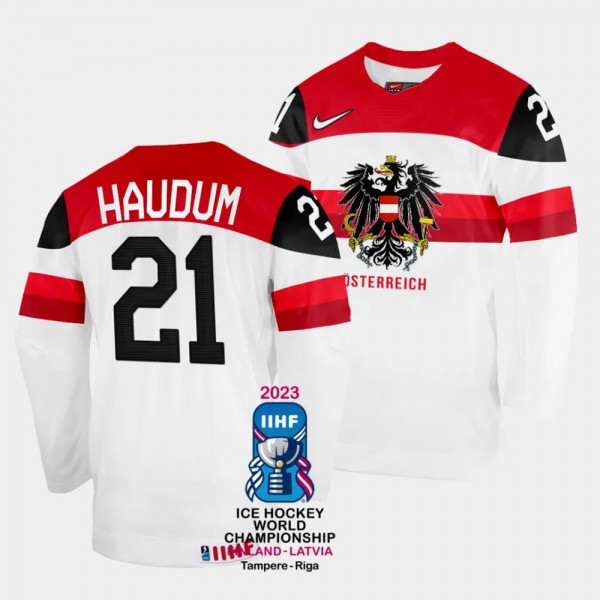 Australia 2023 IIHF World Championship Lukas Haudum #21 White Jersey Home