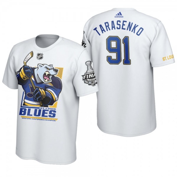 Blues Vladimir Tarasenko #91 2019 Stanley Cup Final Cartoon Mascot White T-Shirt