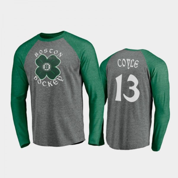 Men's Boston Bruins Charlie Coyle #13 Celtic Long Sleeve Raglan St. Patrick's Day Gray T-Shirt