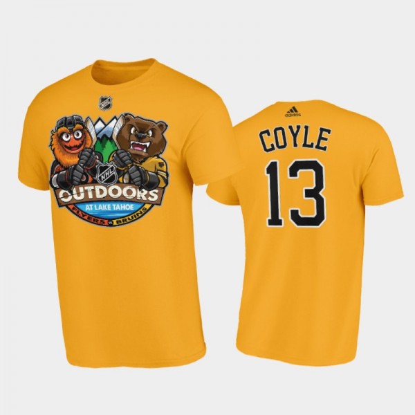 Men's Boston Bruins Charlie Coyle #13 Mascot Cartoon 2021 Tahoe Winter Classic Yellow T-Shirt