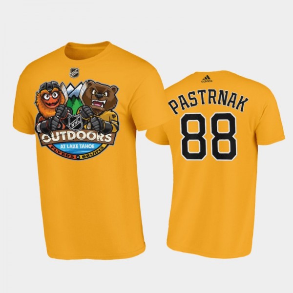 Men's Boston Bruins David Pastrnak #88 Mascot Cartoon 2021 Tahoe Winter Classic Yellow T-Shirt